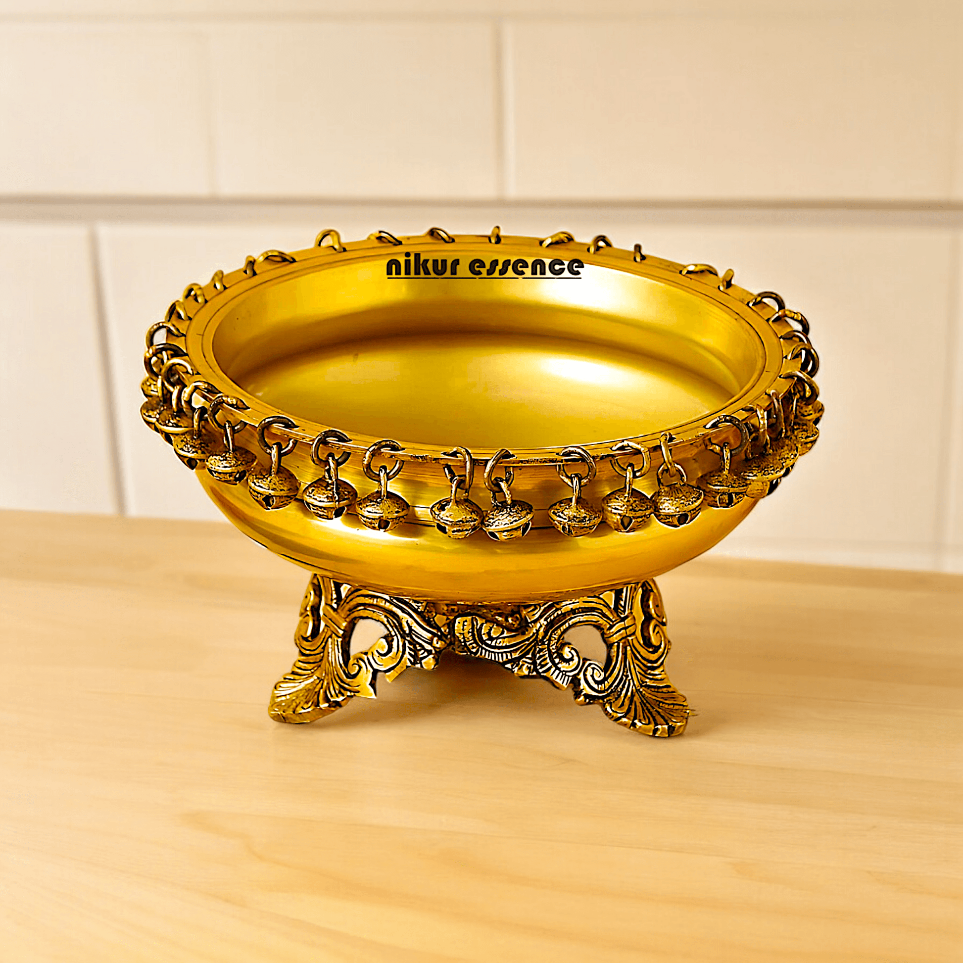 Brass Round Urli with Hanging Bells – Decorative Indian-Style Bowl for Traditional and Contemporary Home Décor by Nikur Essence Idols Nikuressence