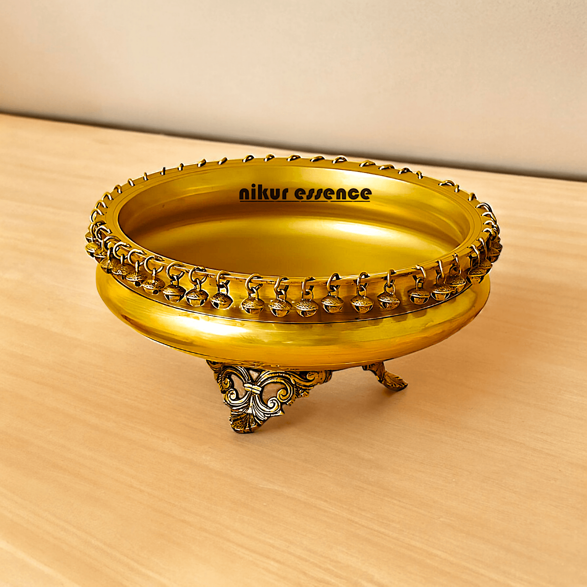 Brass Round Urli with Hanging Bells – Decorative Indian-Style Bowl for Traditional and Contemporary Home Décor by Nikur Essence Idols Nikuressence