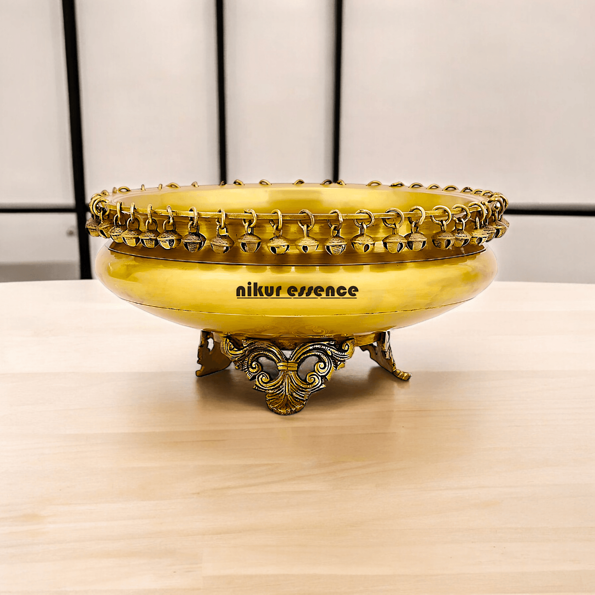 Brass Round Urli with Hanging Bells – Decorative Indian-Style Bowl for Traditional and Contemporary Home Décor by Nikur Essence Idols Nikuressence