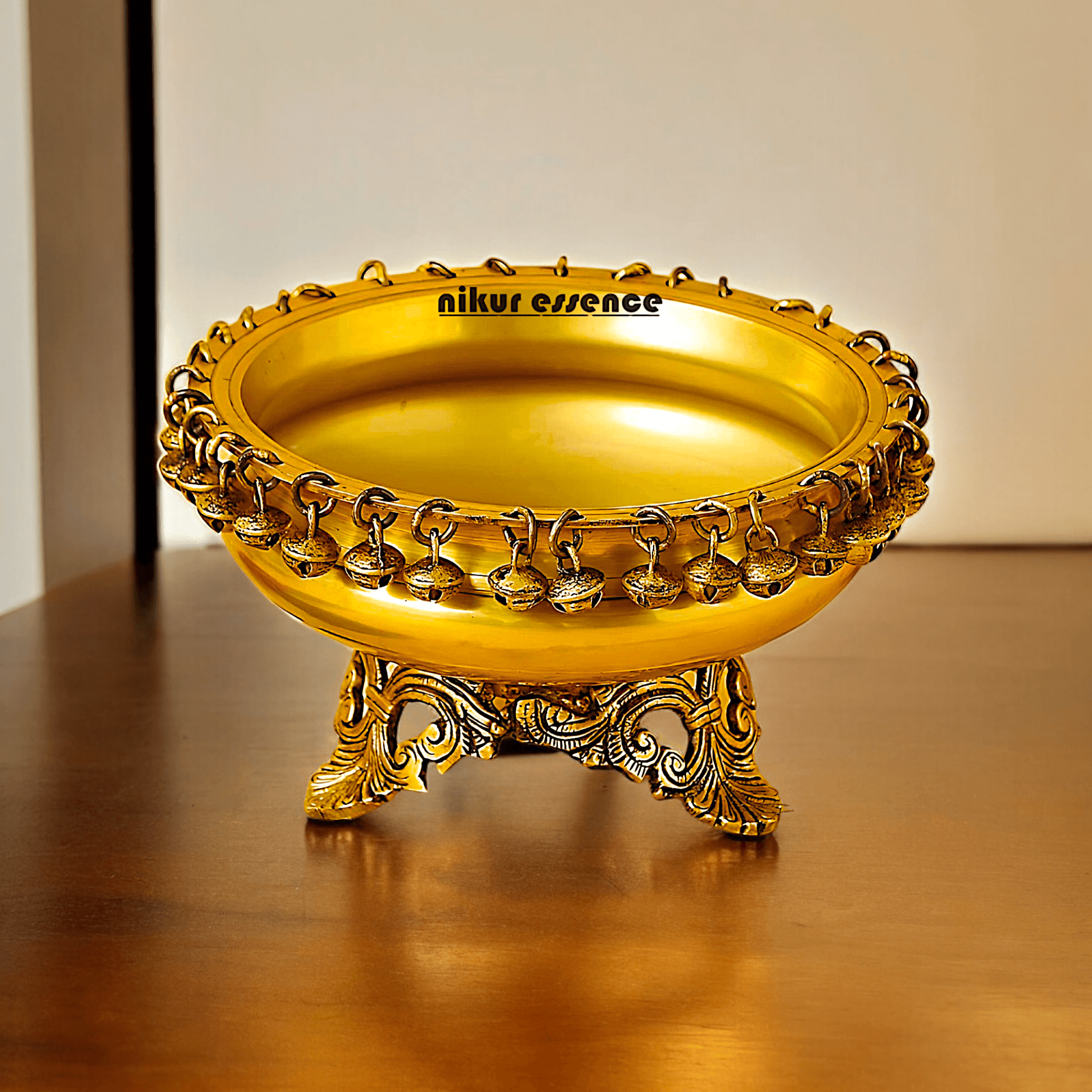 Brass Round Urli with Hanging Bells – Decorative Indian-Style Bowl for Traditional and Contemporary Home Décor by Nikur Essence Idols Nikuressence