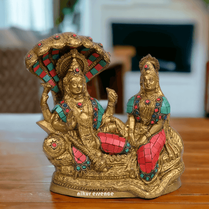 Vishnu Lakshmi Brass with stone work by Nikur Essence - 8 Inch Idols Nikuressence