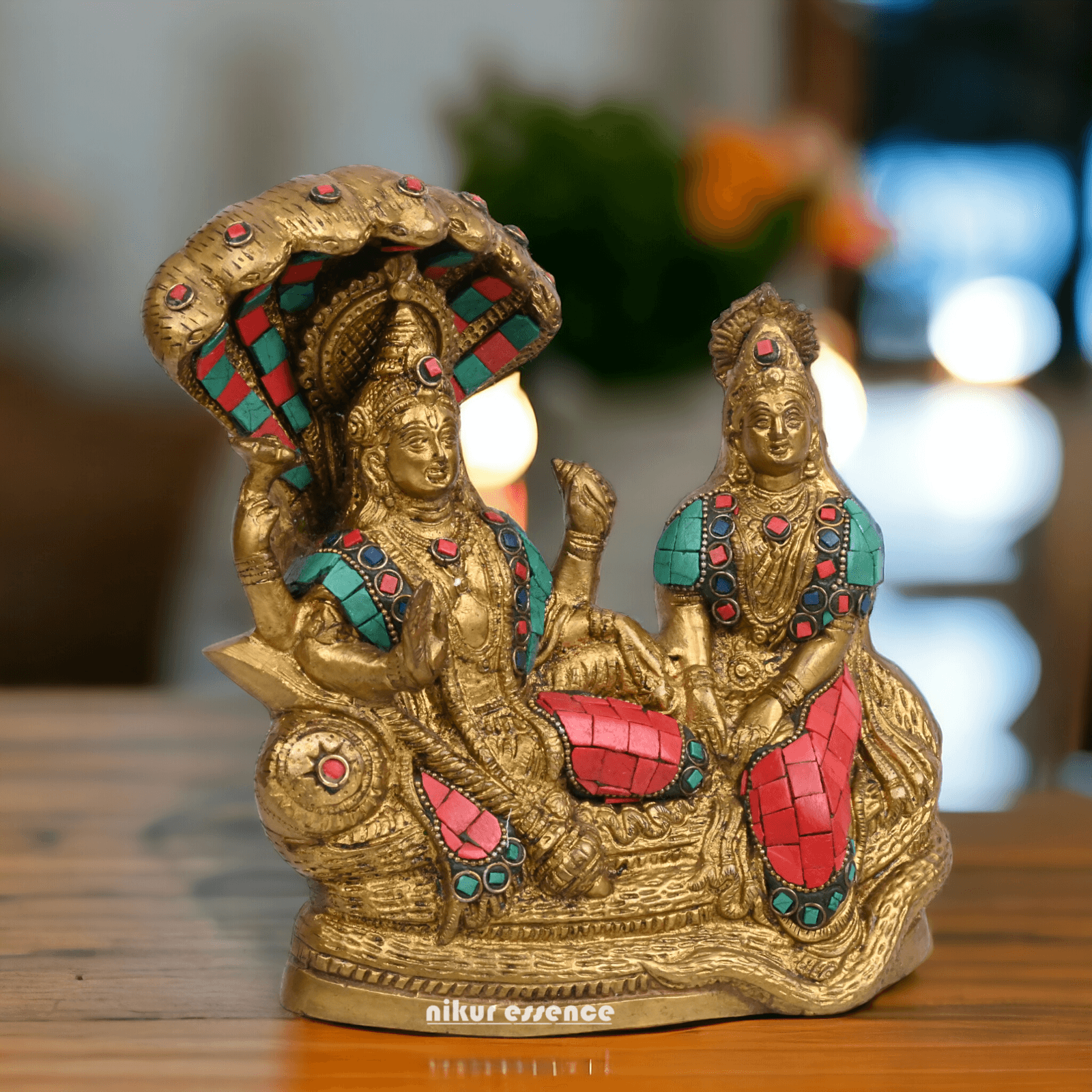 Vishnu Lakshmi Brass with stone work by Nikur Essence - 8 Inch Idols Nikuressence