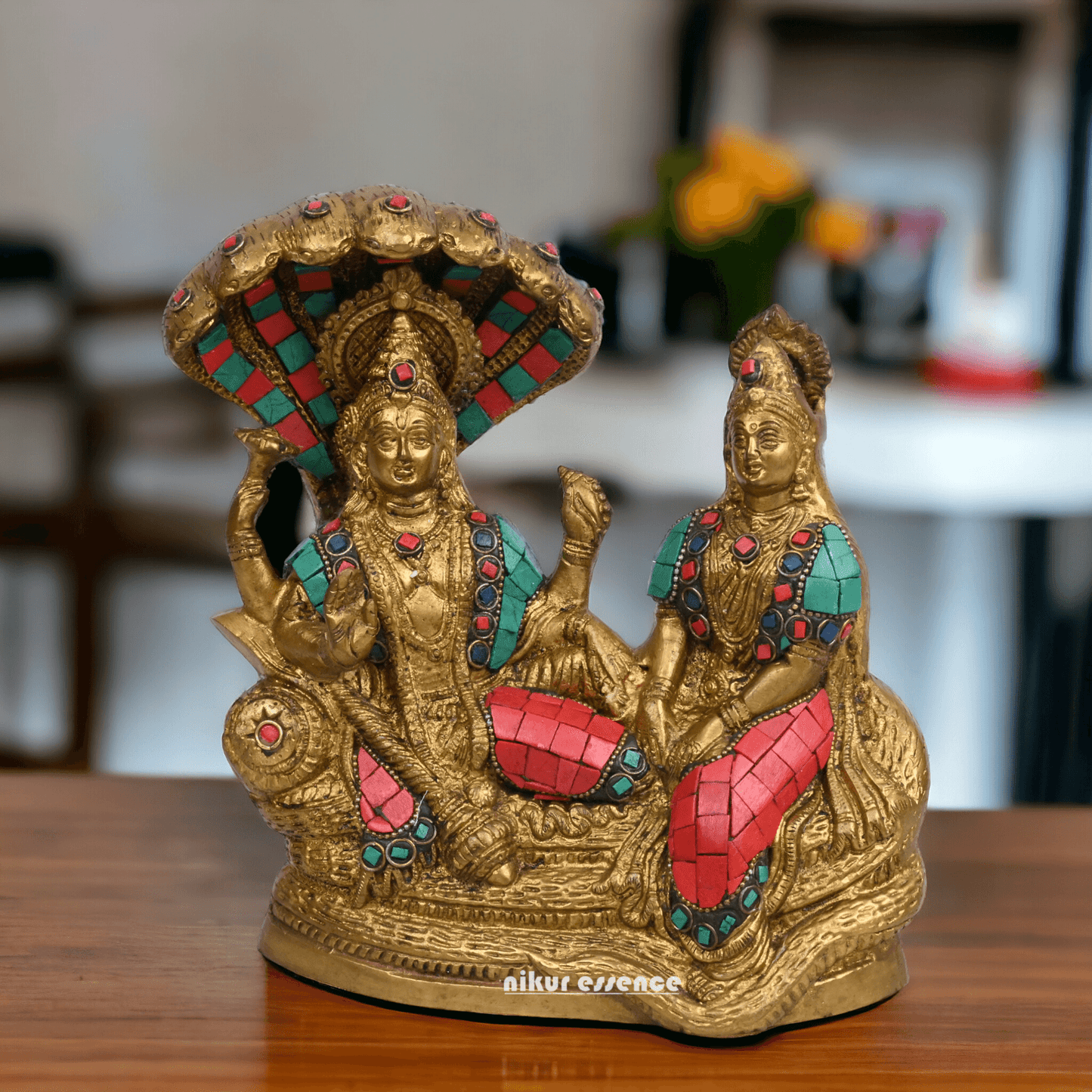 Vishnu Lakshmi Brass with stone work by Nikur Essence - 8 Inch Idols Nikuressence