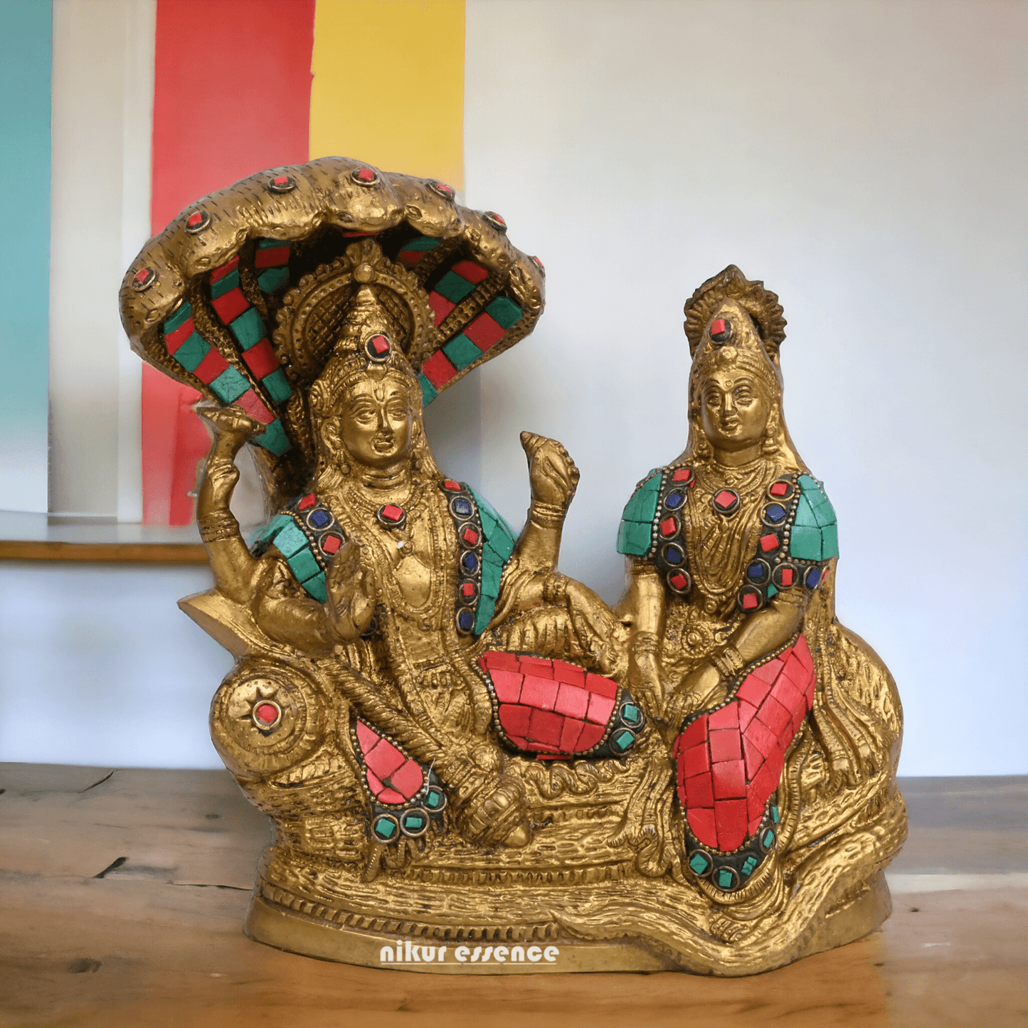 Vishnu Lakshmi Brass with stone work by Nikur Essence - 8 Inch Idols Nikuressence