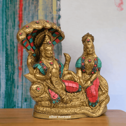 Vishnu Lakshmi Brass with stone work by Nikur Essence - 8 Inch Idols Nikuressence