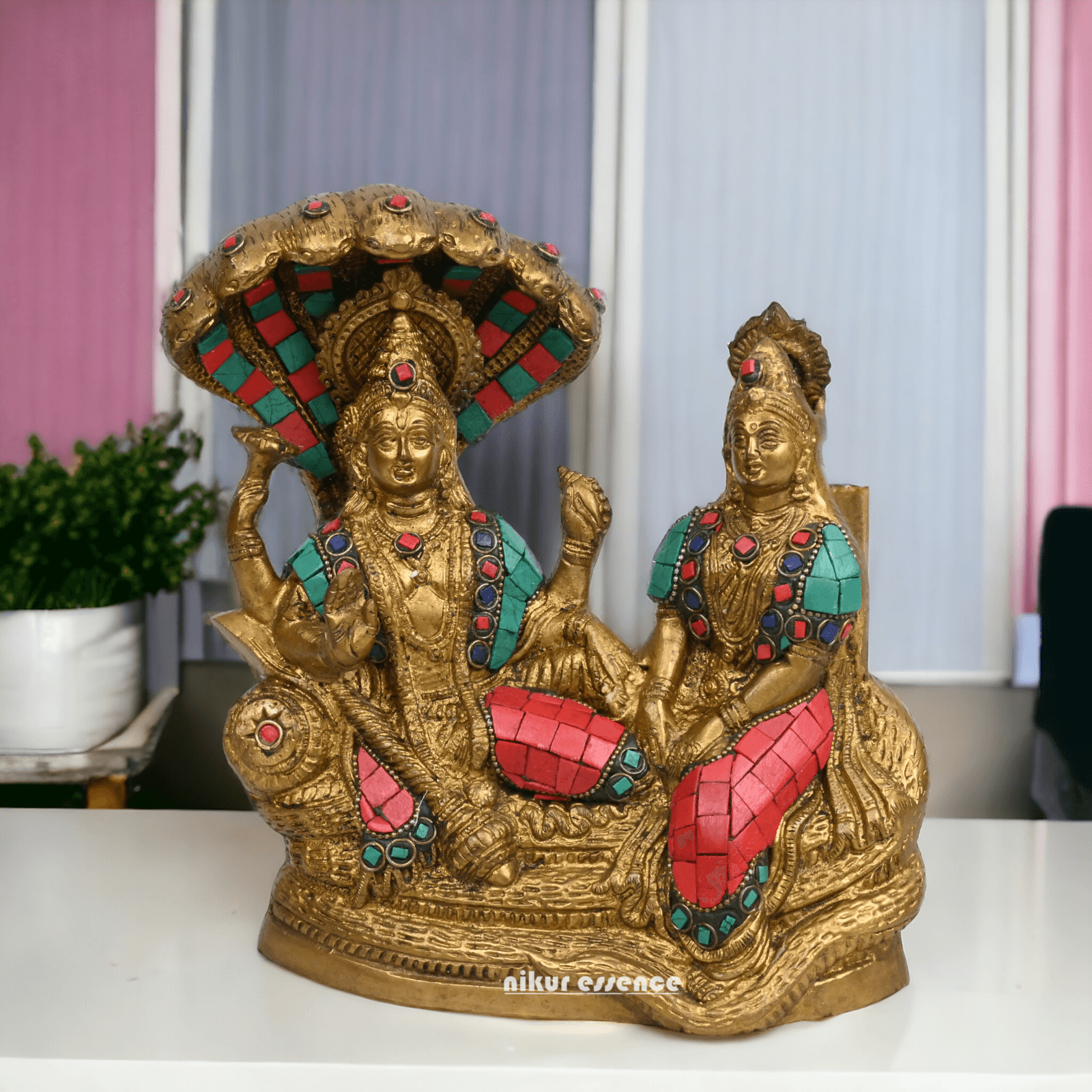 Vishnu Lakshmi Brass with stone work by Nikur Essence - 8 Inch Idols Nikuressence