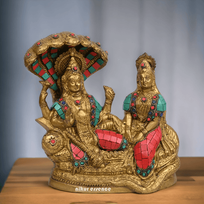 Vishnu Lakshmi Brass with stone work by Nikur Essence - 8 Inch Idols Nikuressence