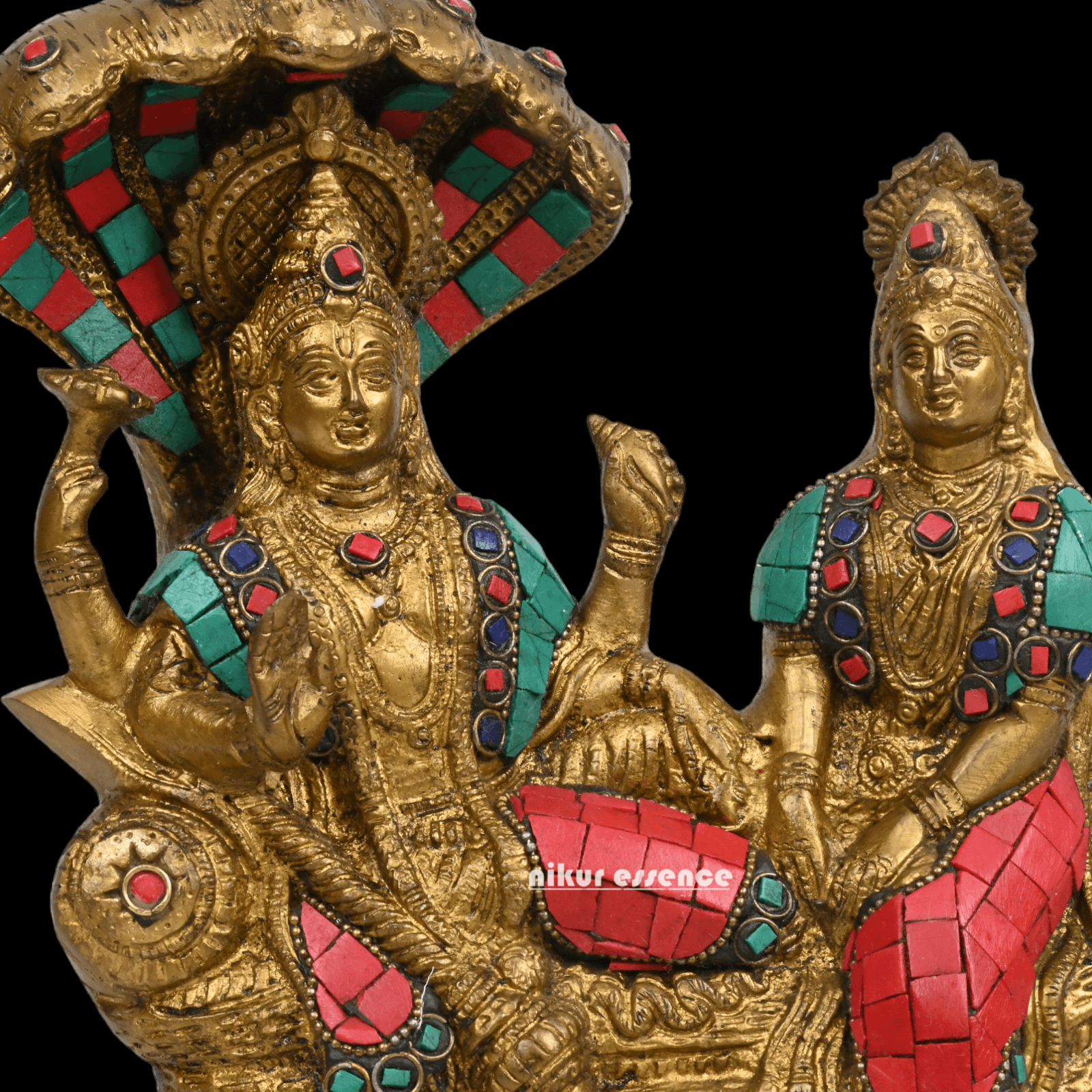 Vishnu Lakshmi Brass with stone work by Nikur Essence - 8 Inch Idols Nikuressence