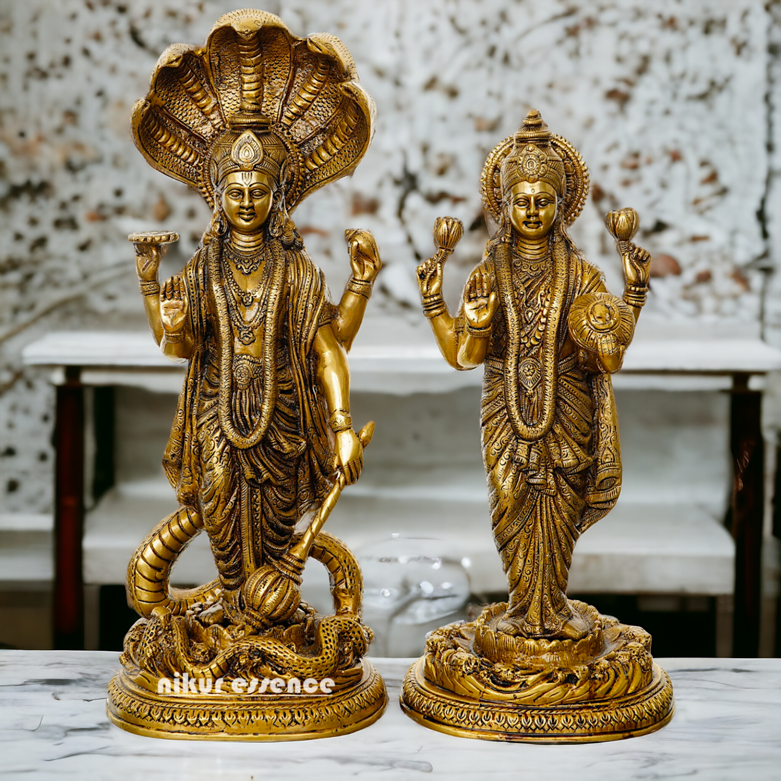 Brass Vishnu Laxmi Standing Deity Statue , Handcrafted Hindu Religious Sculpture with Intricate Detailing, 17 Inches Tall Brass Nikuressence