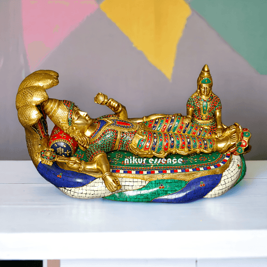 Buy Vishnu Statue Brass with Intricate Inlay Work - Majestic Hindu Deity Figurine for Home Decor and Spiritual Enrichment