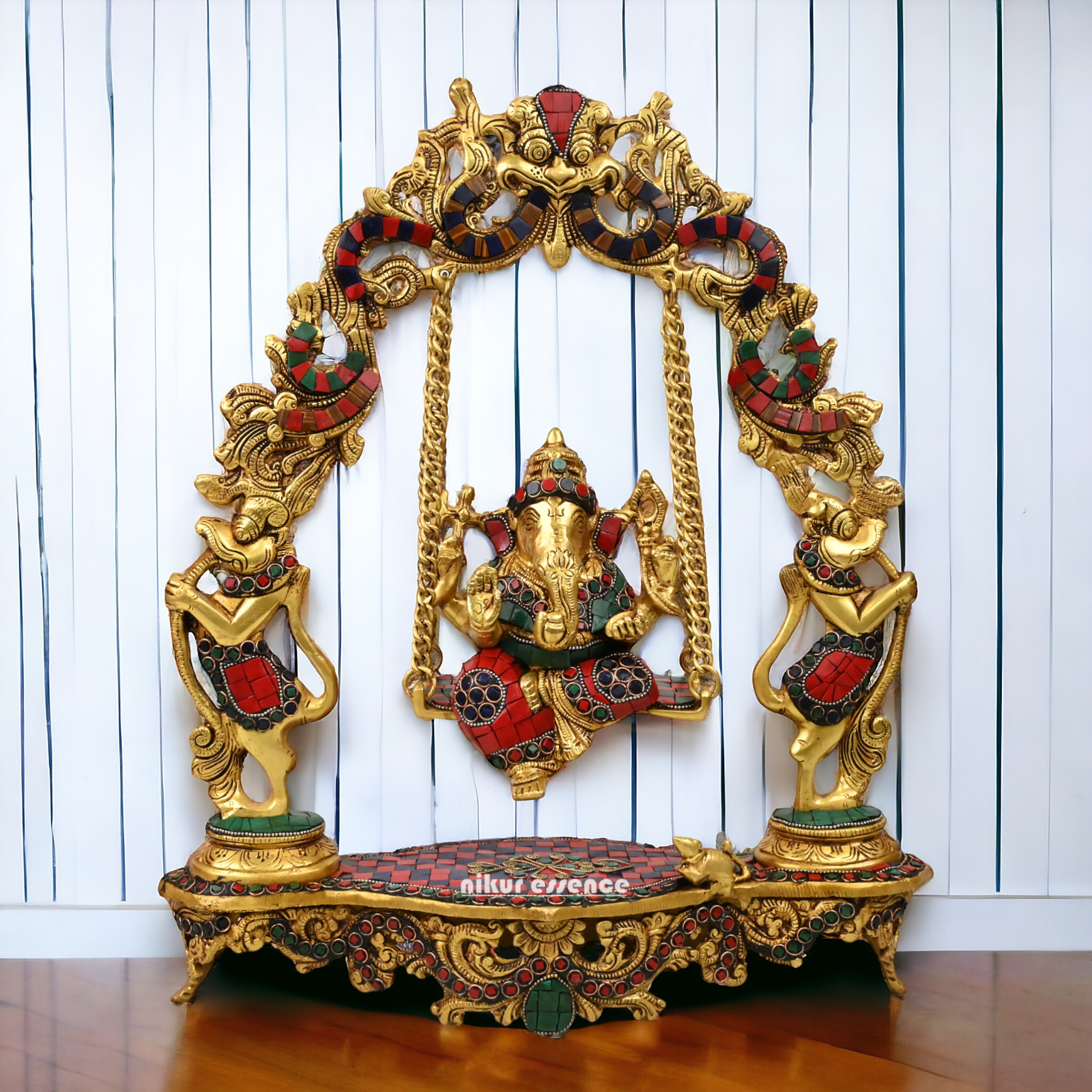 Online Brass ganesh jhula with stone work by Nikur Essence - 45 cm Idols Nikuressence