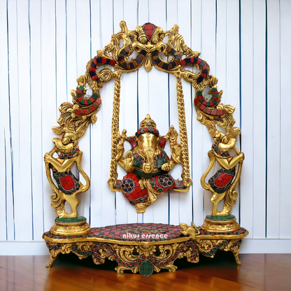 Online Brass ganesh jhula with stone work by Nikur Essence - 45 cm Idols Nikuressence