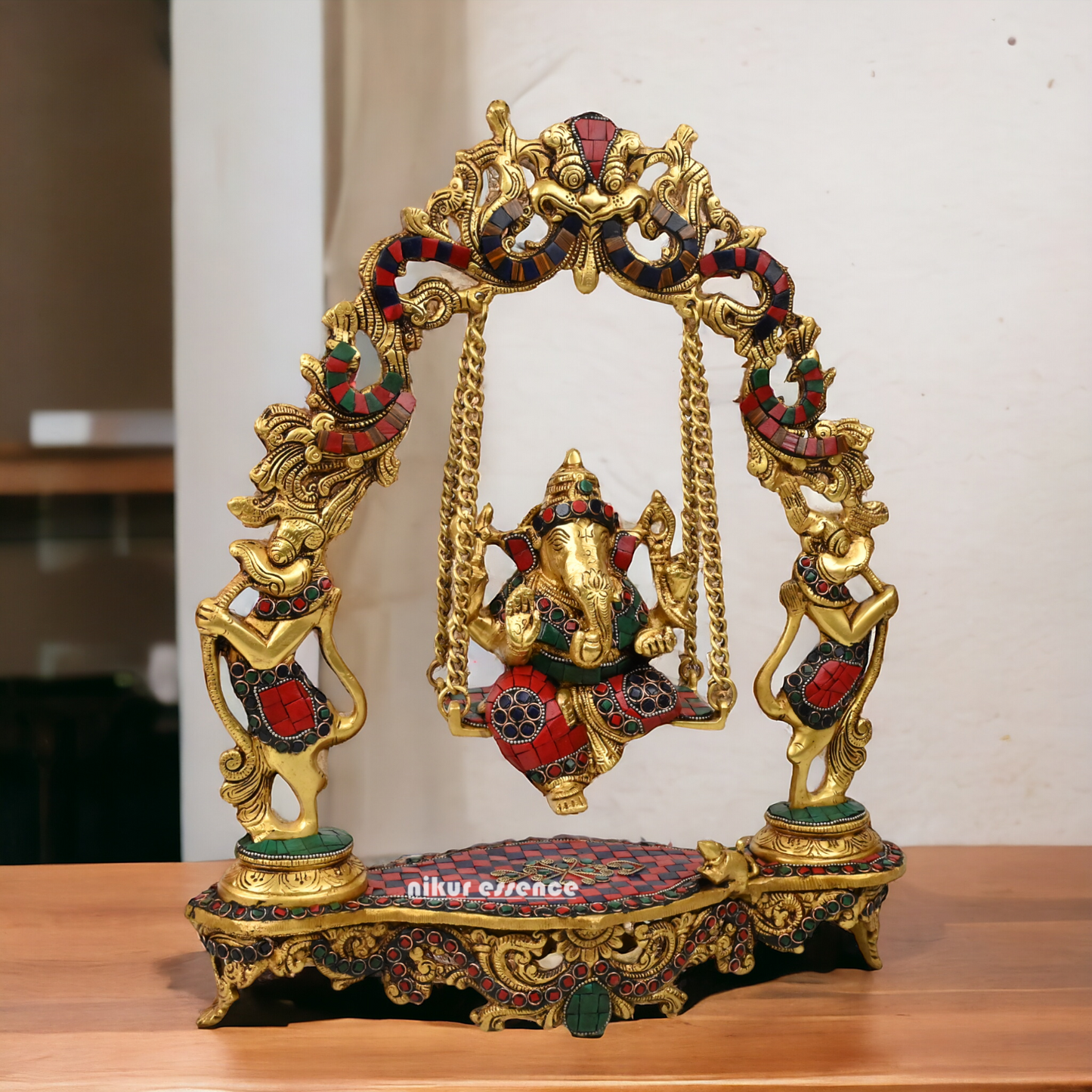 Online Brass ganesh jhula with stone work by Nikur Essence - 45 cm Idols Nikuressence