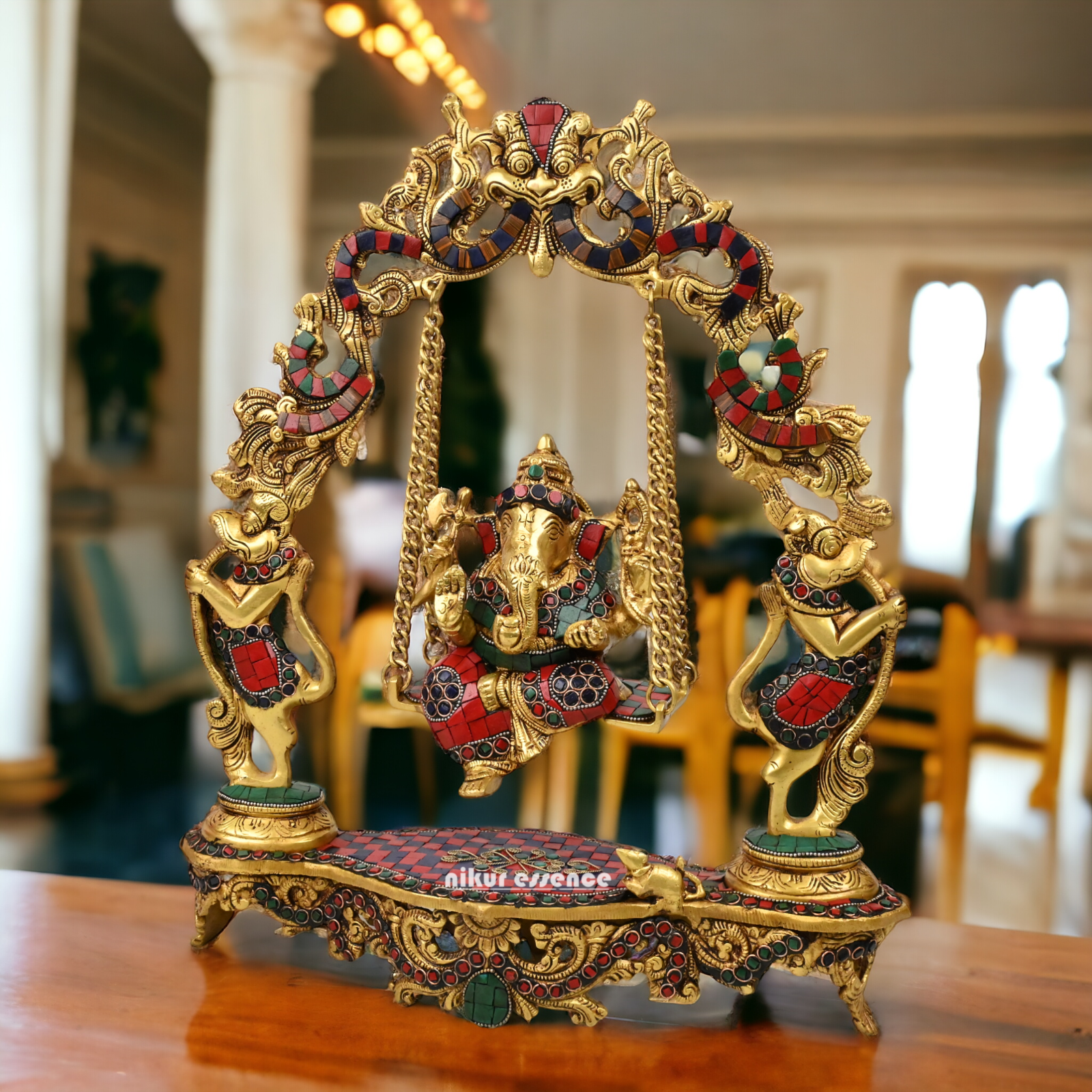 Online Brass ganesh jhula with stone work by Nikur Essence - 45 cm Idols Nikuressence