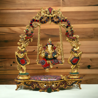 Online Brass ganesh jhula with stone work by Nikur Essence - 45 cm Idols Nikuressence