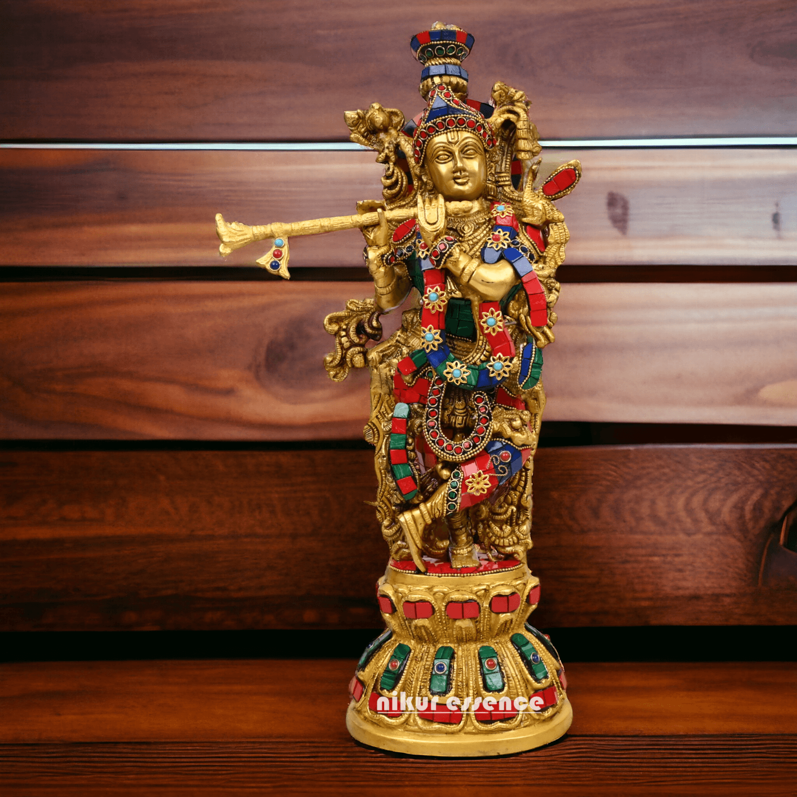 Online Brass krishna Murli with stone work by Nikur Essence - 18 Inch Idols Nikuressence