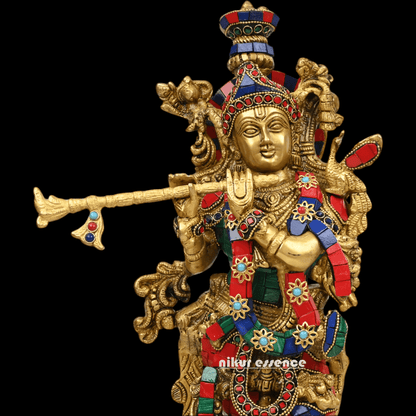 Online Brass krishna Murli with stone work by Nikur Essence - 18 Inch Idols Nikuressence