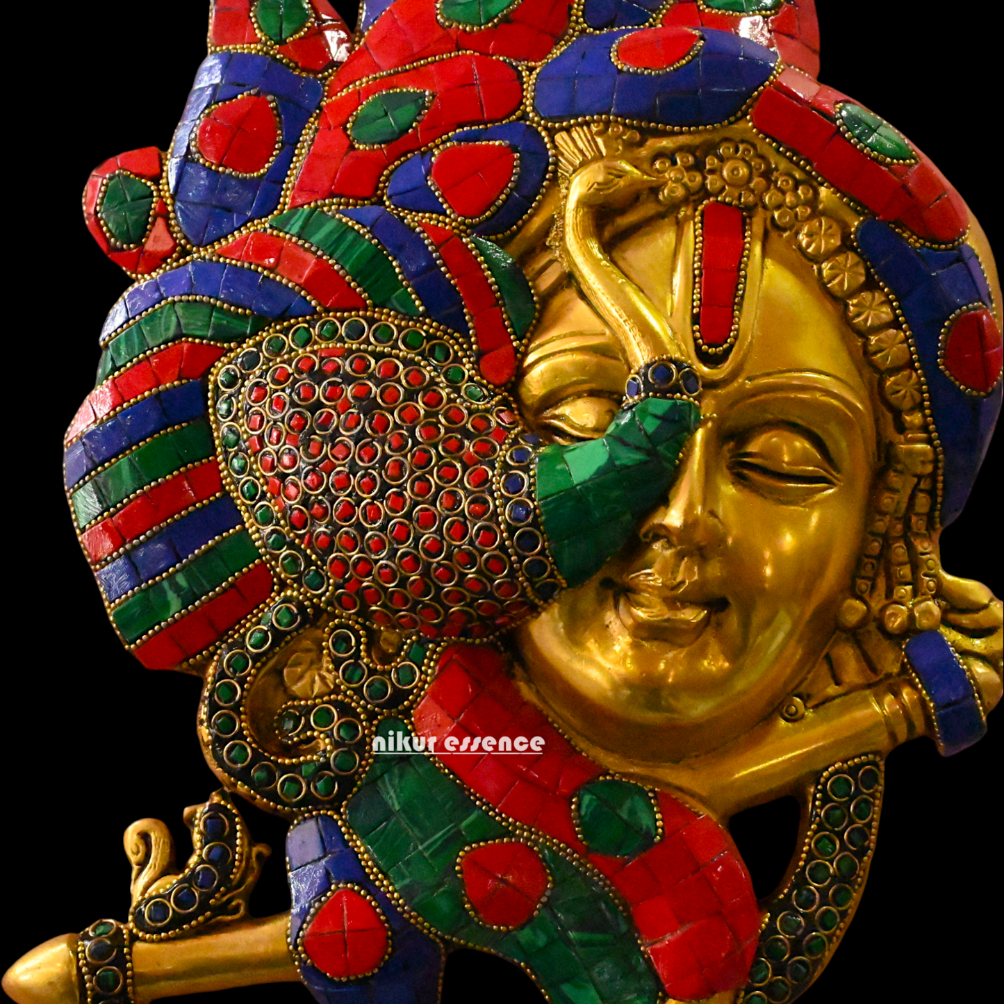 Buy Beautiful krishna flute with stone work Brass wall hanging idol - 35 cm