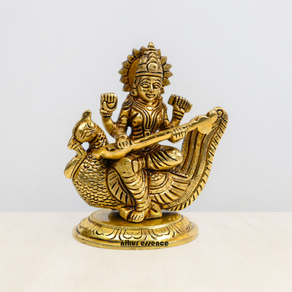 Beautiful Solid Brass saraswati sitting on swan statue by Nikur Essence - 4 Inch