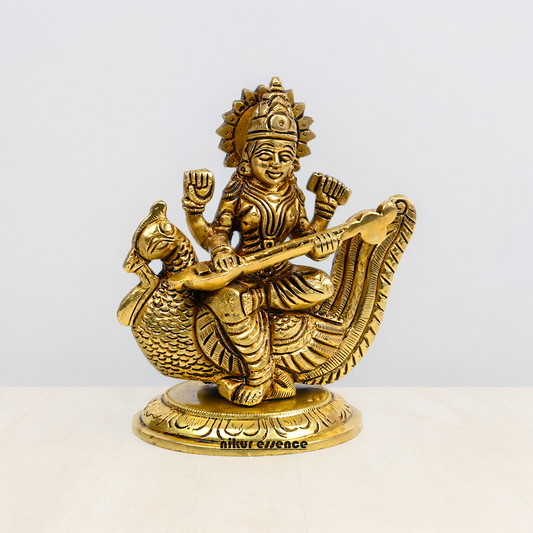 Beautiful Solid Brass saraswati sitting on swan statue by Nikur Essence - 4 Inch Idols Nikuressence