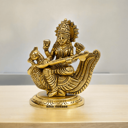 Beautiful Solid Brass saraswati sitting on swan statue by Nikur Essence - 4 Inch