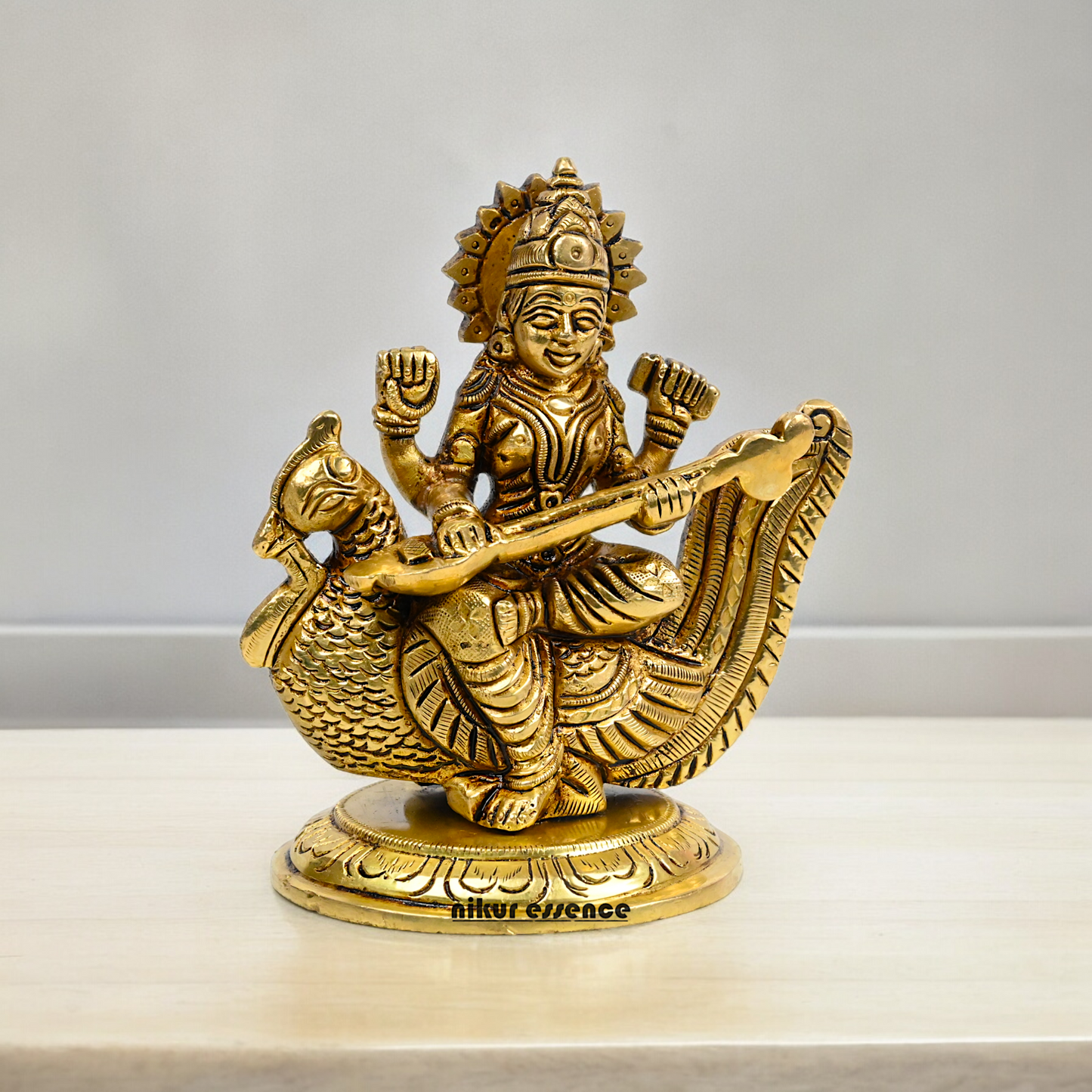 Beautiful Solid Brass saraswati sitting on swan statue by Nikur Essence - 4 Inch