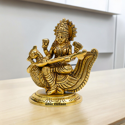 Beautiful Solid Brass saraswati sitting on swan statue by Nikur Essence - 4 Inch