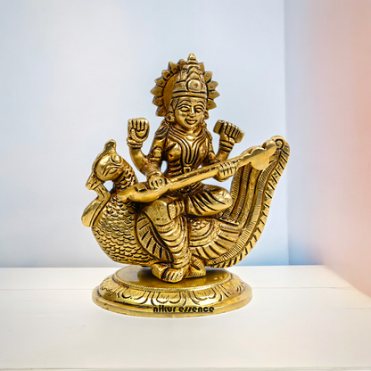 Beautiful Solid Brass saraswati sitting on swan statue by Nikur Essence - 4 Inch