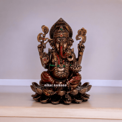 Bonded Bronze Ganesh sitting on lotus Nikur Essence - 4 inch Idols Nikuressence