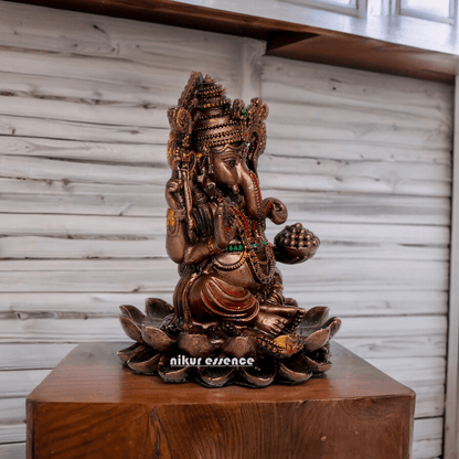 Bonded Bronze Ganesh sitting on lotus Nikur Essence - 4 inch Idols Nikuressence