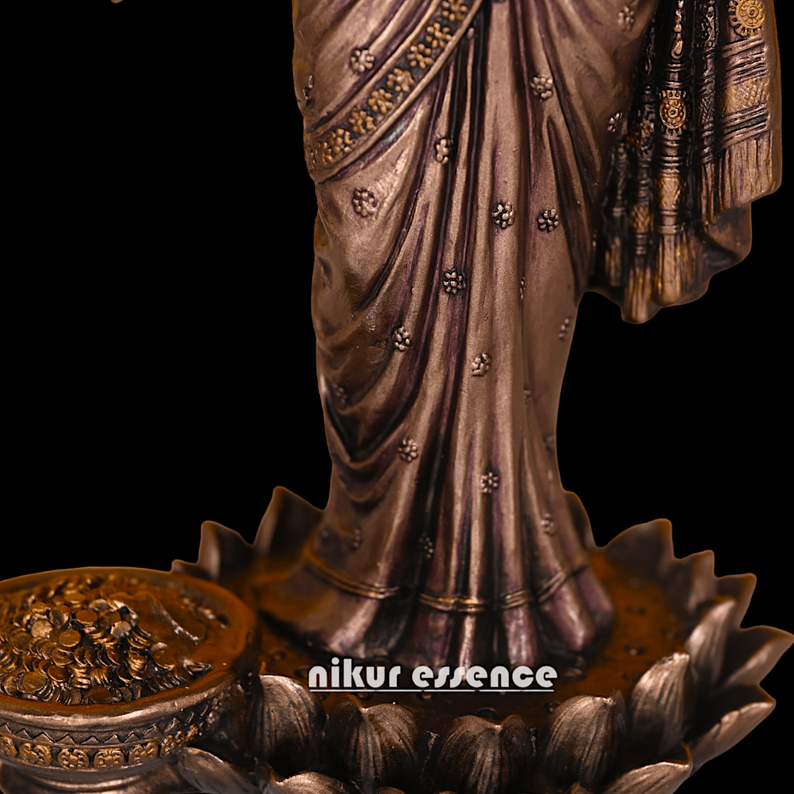 Bronze Lakshmi Idol Standing Gracefully on Lotus Flower - Handcrafted Hindu Deity Statue for Prosperity and Spiritual Blessings Idols Nikuressence