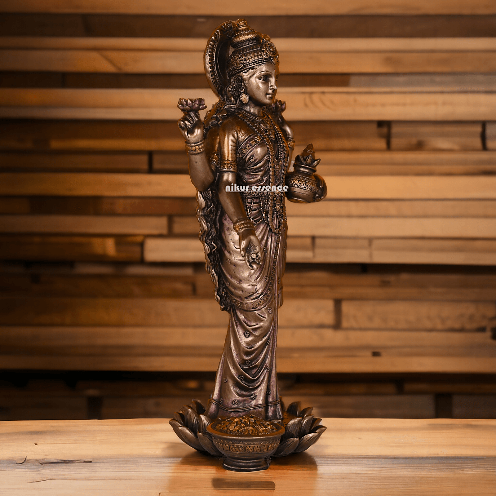 Bronze Lakshmi Idol Standing Gracefully on Lotus Flower Nikuressence apkamart Bronze decor Bronze lakshmi bronze lakshmi idol darbarcarft ganesh laxmi saraswati idol god laxmi mantra handicraft home decor items how to do laxmi puja at home laxmi husband name laxmi story lord vishnu and laxmi navra Spiritual Growth statues god