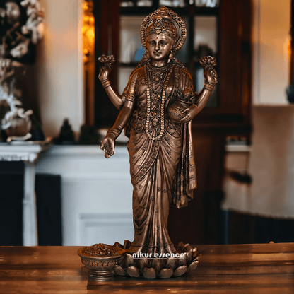 Bronze Lakshmi Idol Standing Gracefully on Lotus Flower - Handcrafted Hindu Deity Statue for Prosperity and Spiritual Blessings Idols Nikuressence