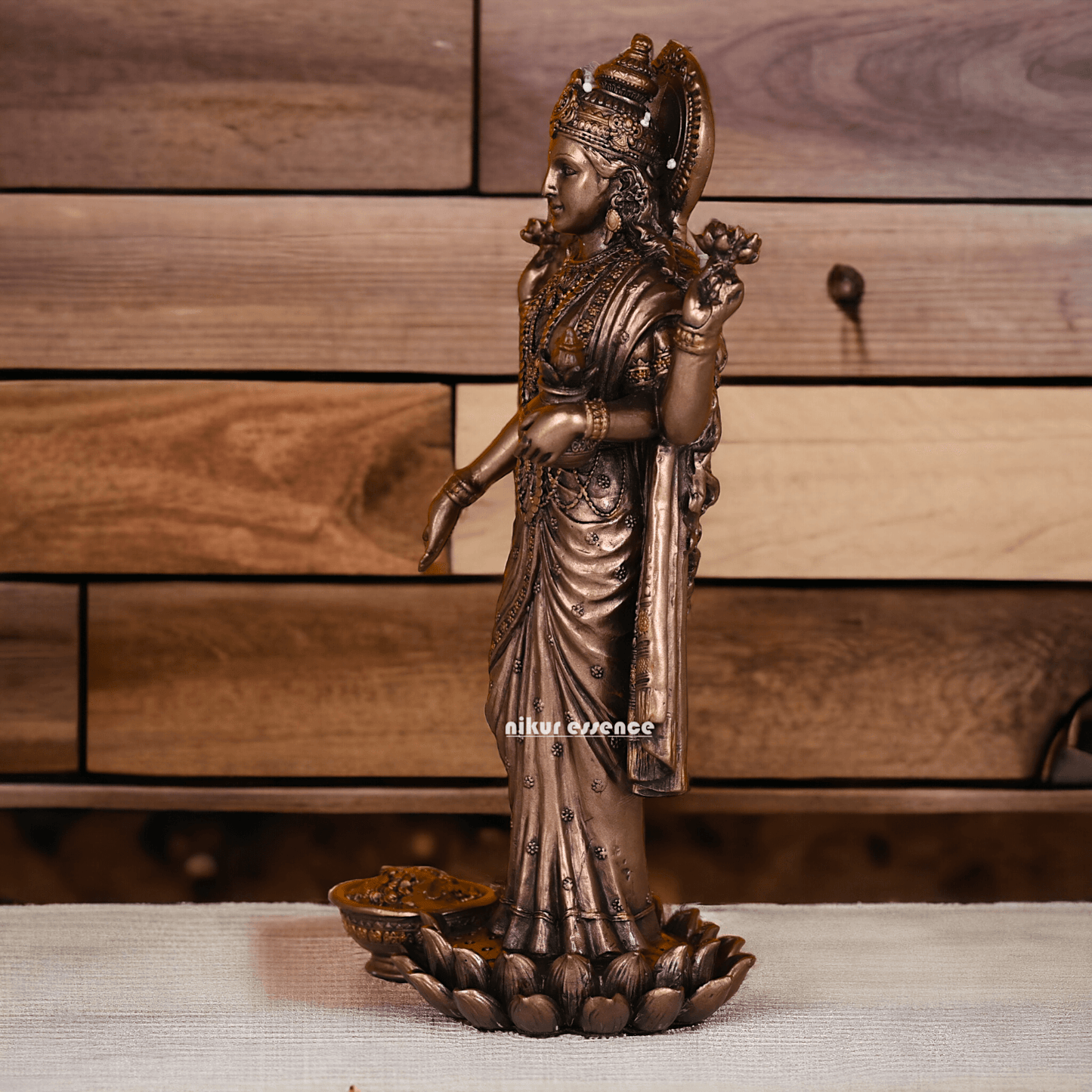 Bronze Lakshmi Idol Standing Gracefully on Lotus Flower - Handcrafted Hindu Deity Statue for Prosperity and Spiritual Blessings Idols Nikuressence