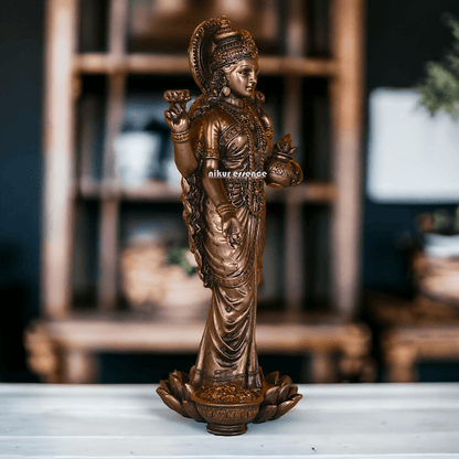 Bronze Lakshmi Idol Standing Gracefully on Lotus Flower Nikuressence apkamart Bronze decor Bronze lakshmi bronze lakshmi idol darbarcarft ganesh laxmi saraswati idol god laxmi mantra handicraft home decor items how to do laxmi puja at home laxmi husband name laxmi story lord vishnu and laxmi navra Spiritual Growth statues god