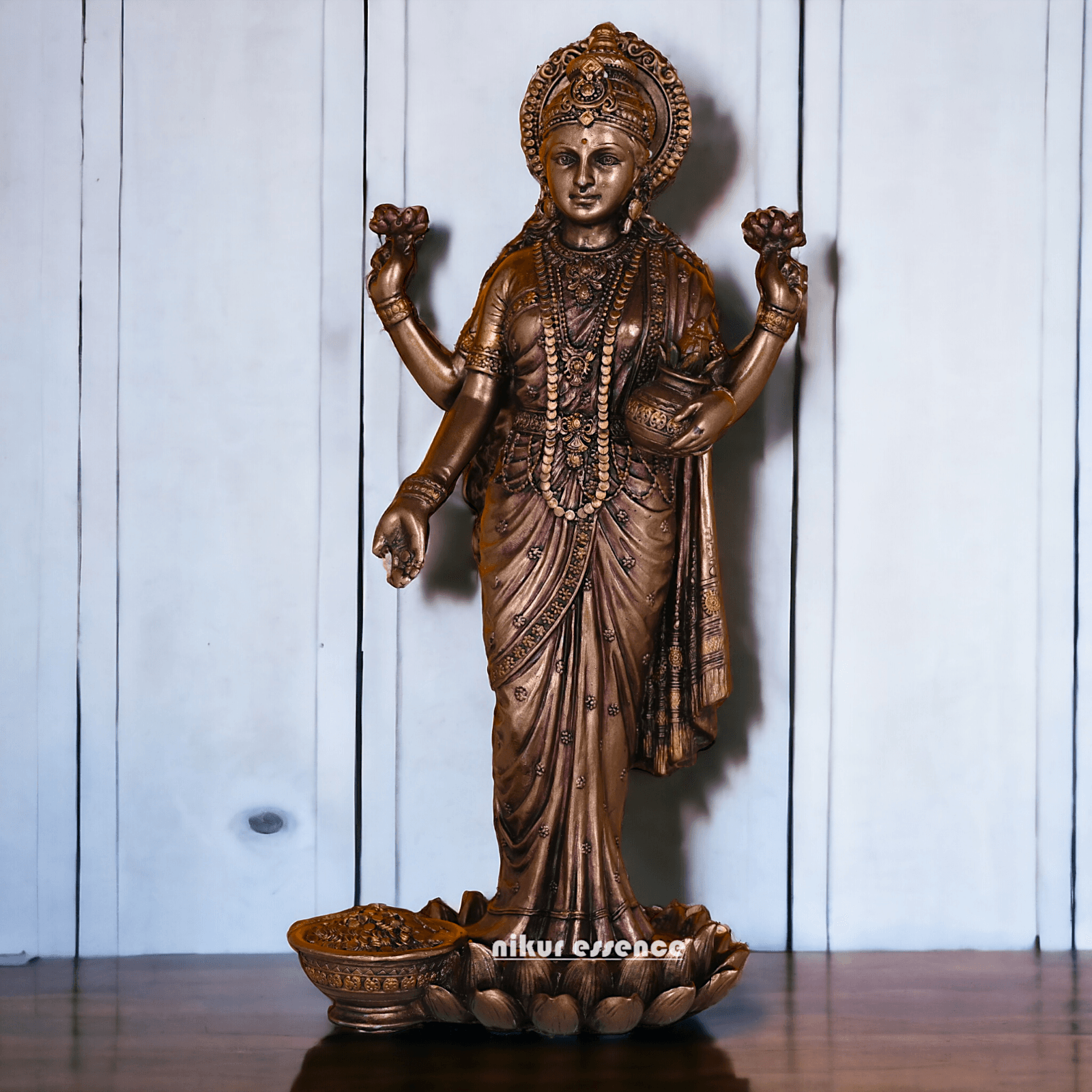 Bronze Lakshmi Idol Standing Gracefully on Lotus Flower Nikuressence apkamart Bronze decor Bronze lakshmi bronze lakshmi idol darbarcarft ganesh laxmi saraswati idol god laxmi mantra handicraft home decor items how to do laxmi puja at home laxmi husband name laxmi story lord vishnu and laxmi navra Spiritual Growth statues god