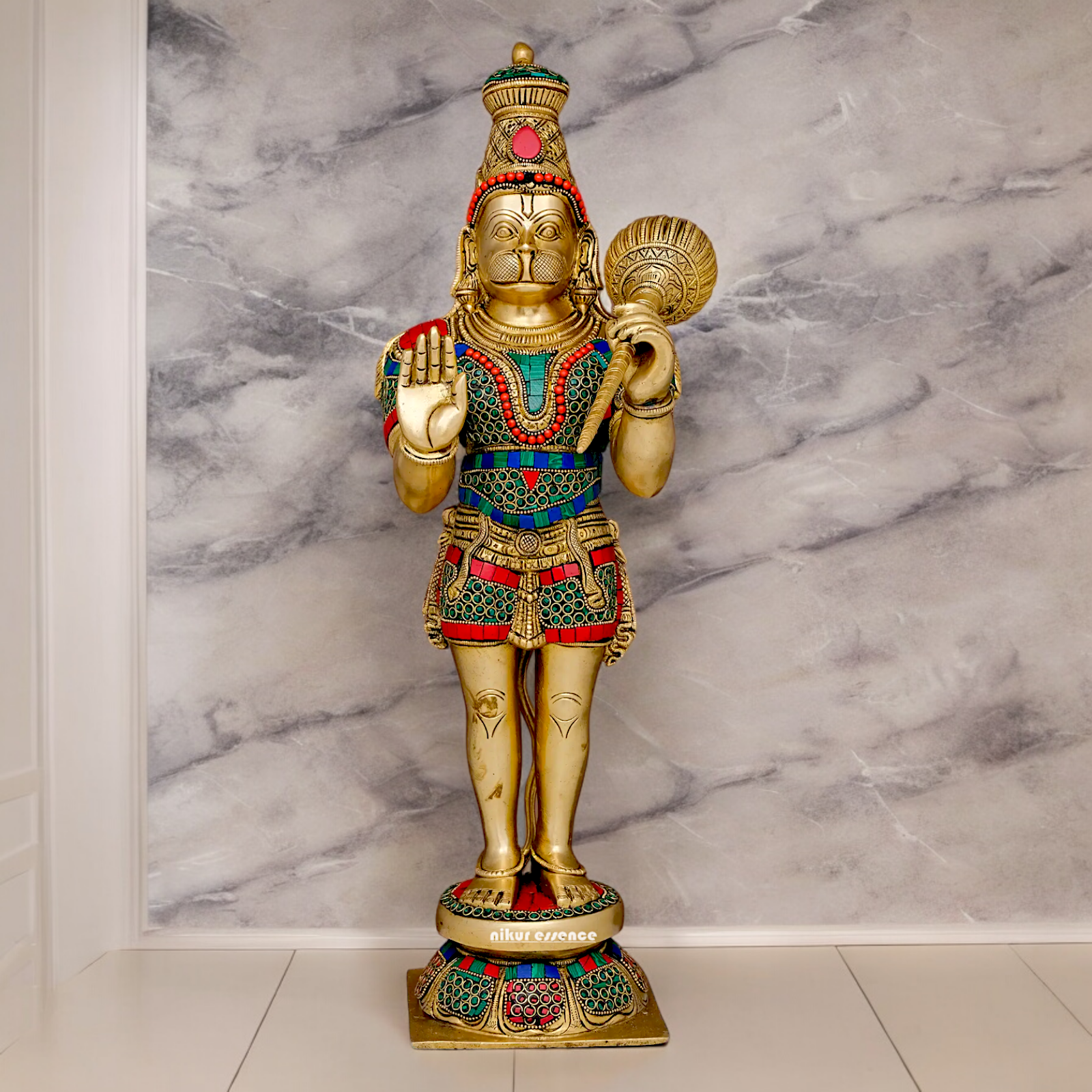 Buy Online Brass Hanuman Bless Standing Idol with Stone Work - 53.5 cm Idols Nikuressence