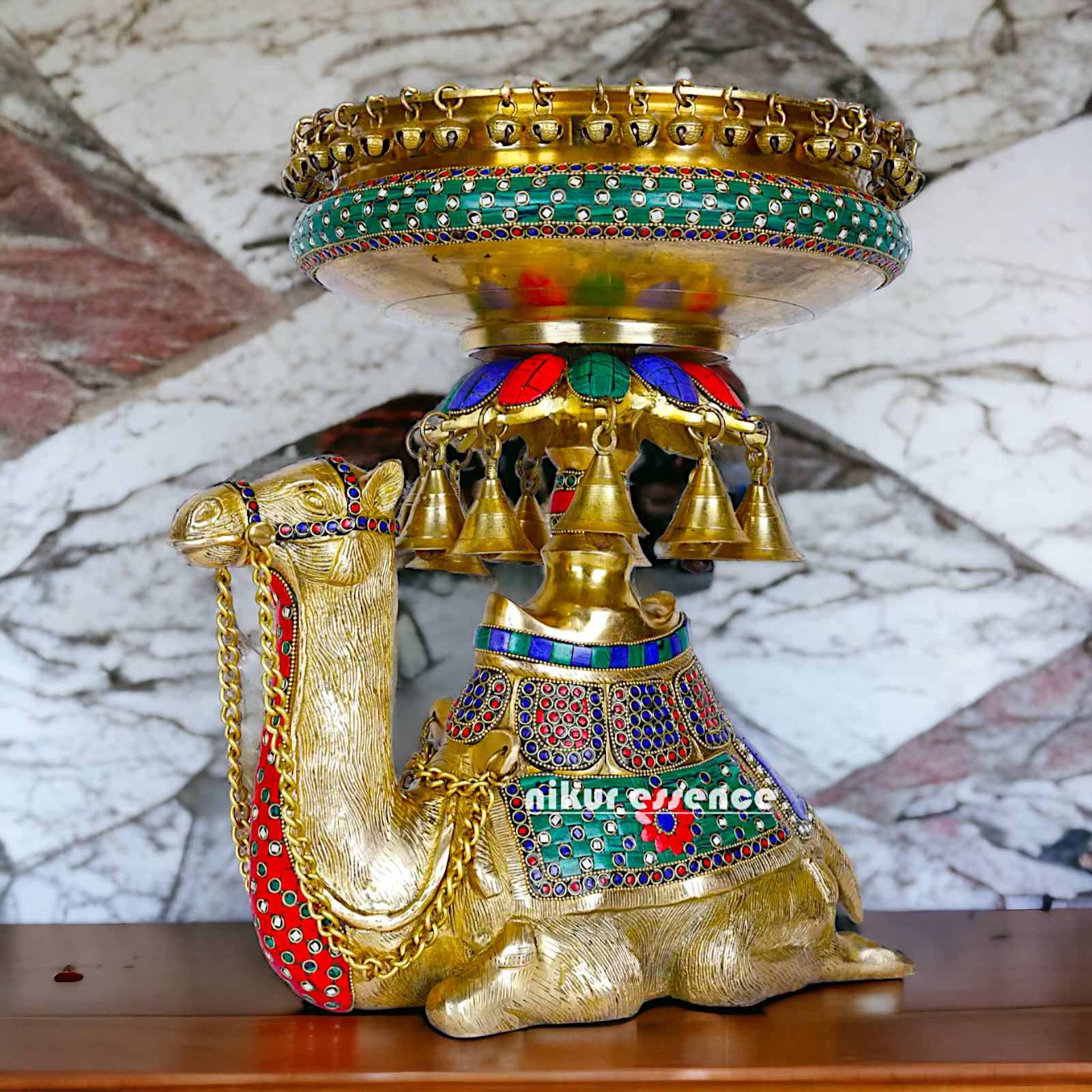 Camel Urli with Bells , Handcrafted Brass Water Basin for Elegant Home Décor and Traditional Indian Aesthetic