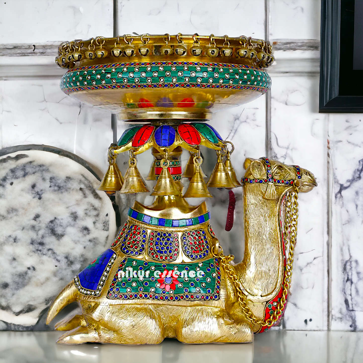 Camel Urli with Bells , Handcrafted Brass Water Basin for Elegant Home Décor and Traditional Indian Aesthetic