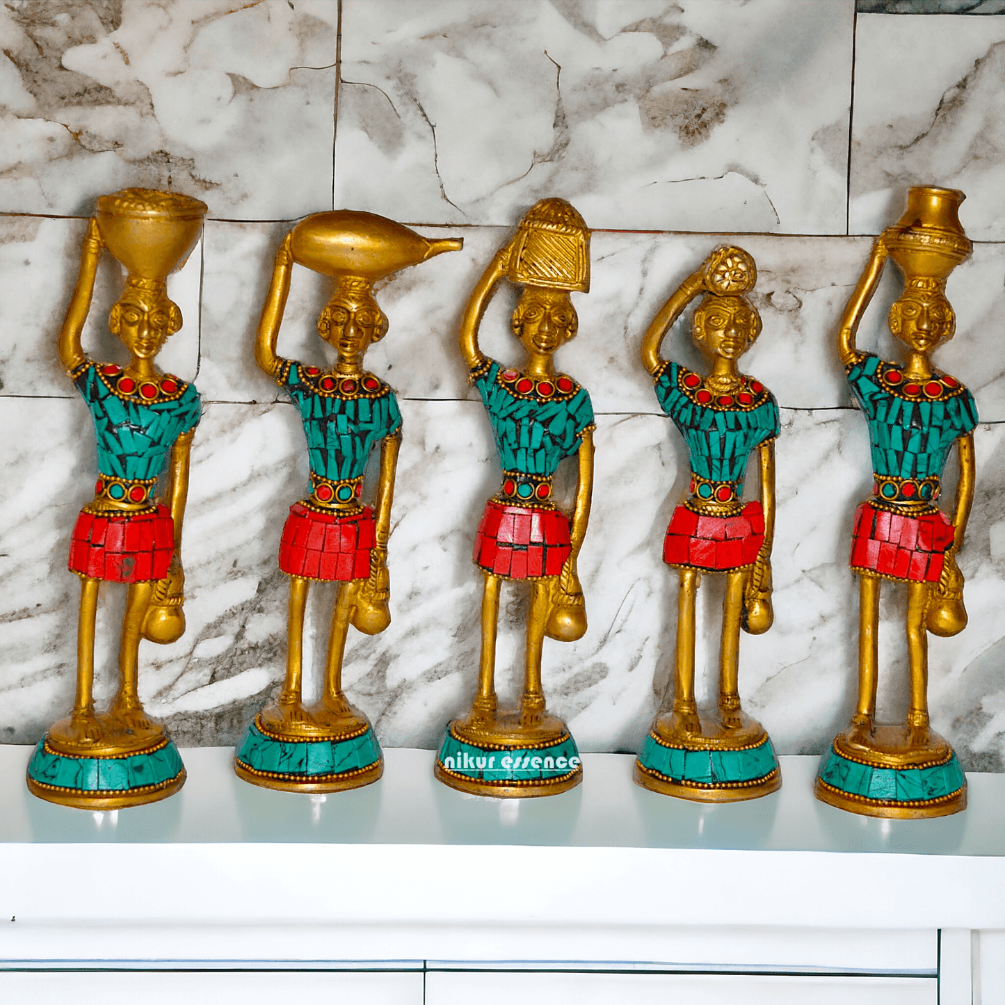 Brass Set of Five Red Indians Ladies Statue for Home Décor and Collectors Idols Nikuressence