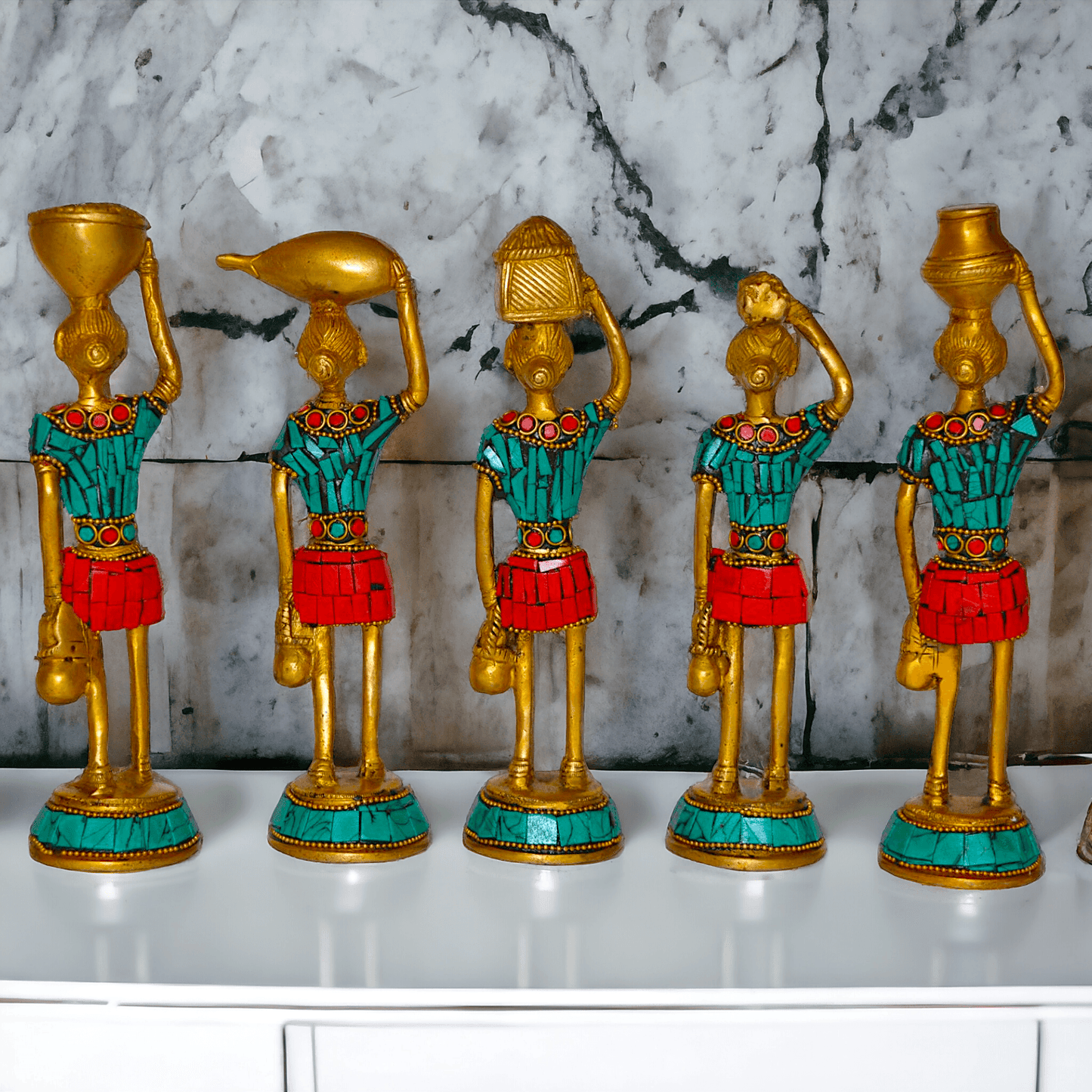 Brass Set of Five Red Indians Ladies Statue for Home Décor and Collectors Idols Nikuressence