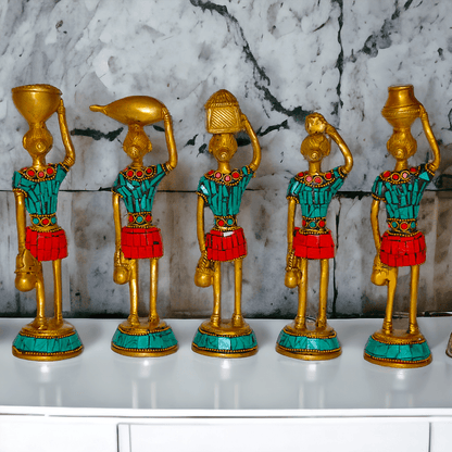 Brass Set of Five Red Indians Ladies Statue for Home Décor and Collectors Idols Nikuressence