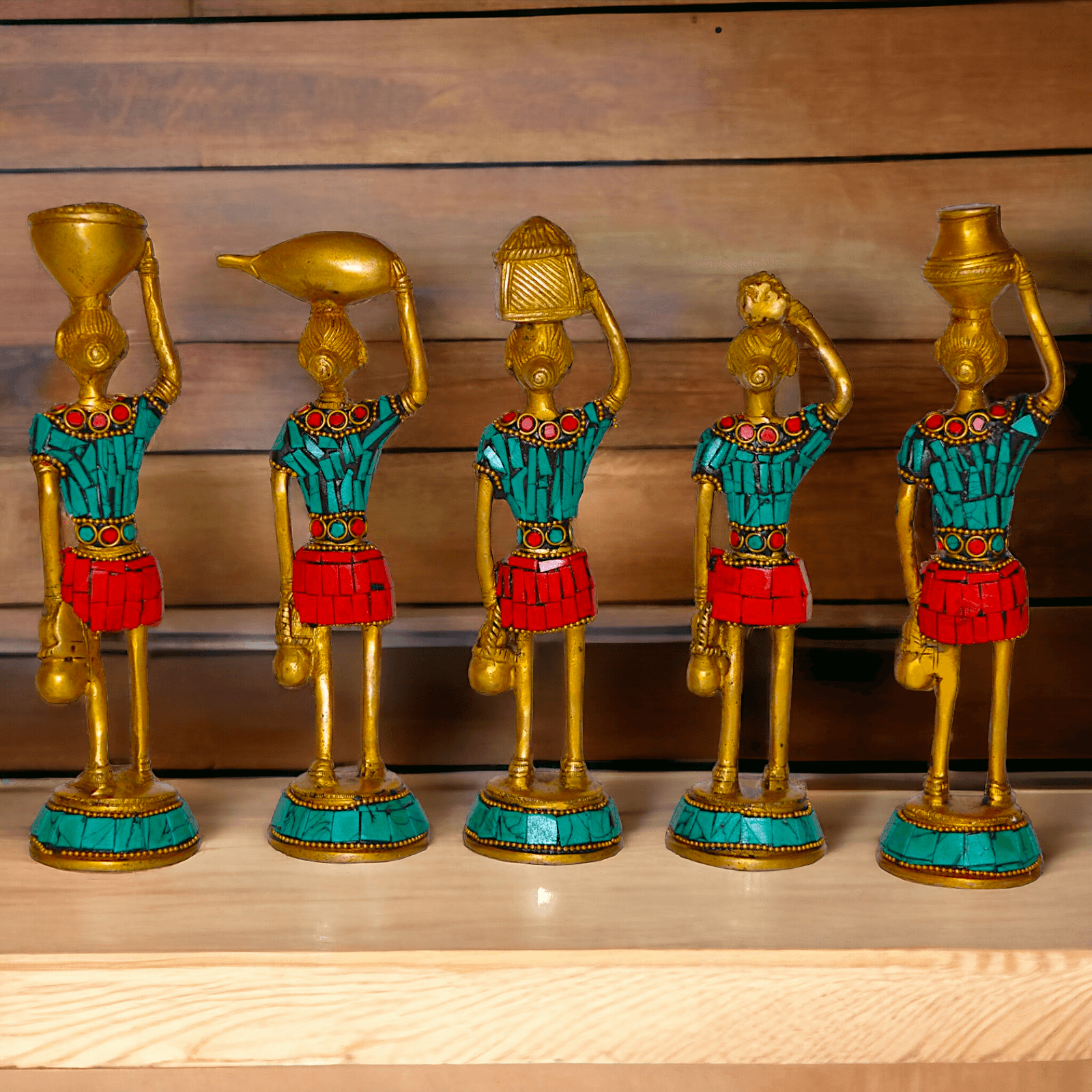 Brass Set of Five Red Indians Ladies Statue for Home Décor and Collectors Idols Nikuressence