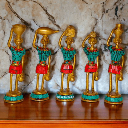 Brass Set of Five Red Indians Ladies Statue for Home Décor and Collectors Idols Nikuressence