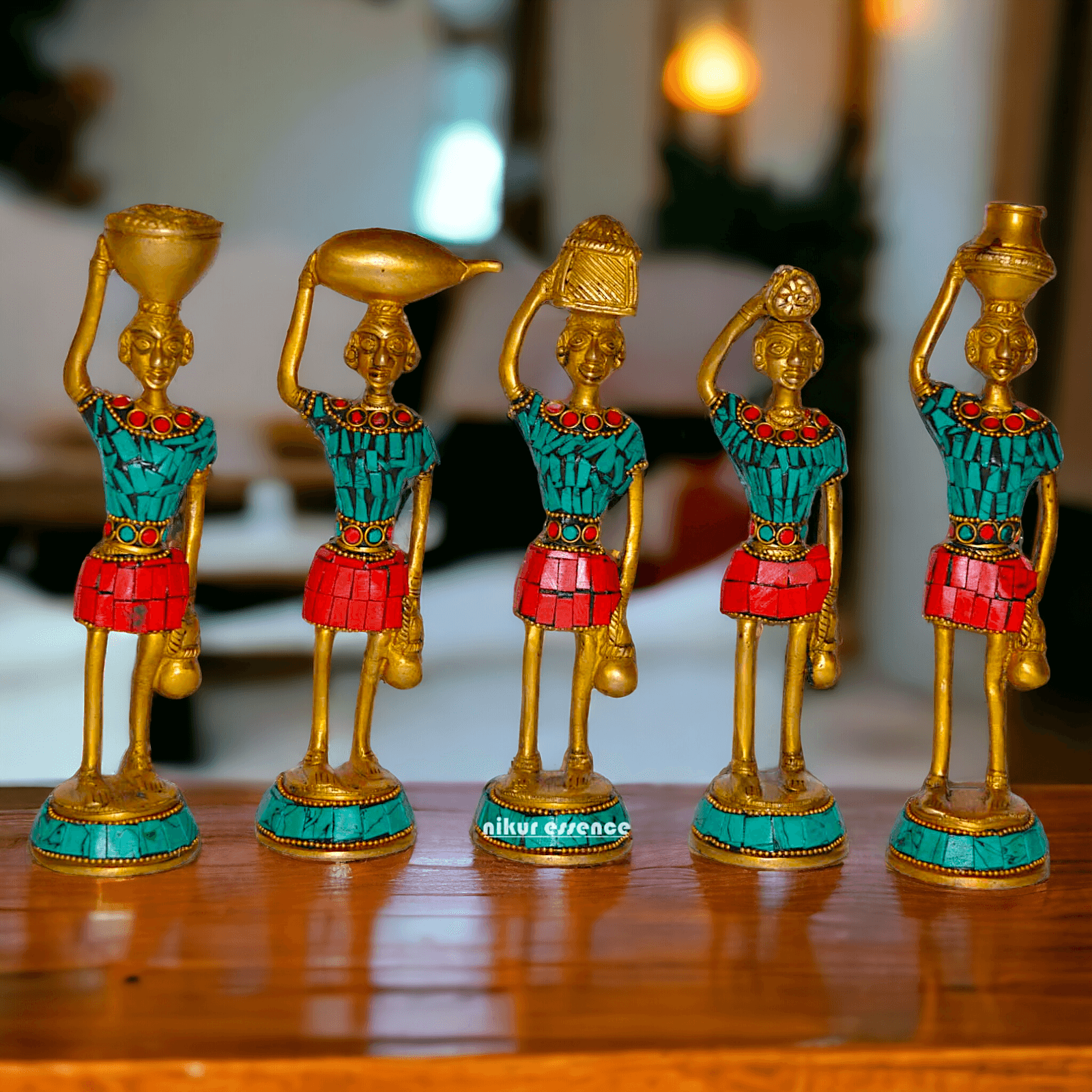 Brass Set of Five Red Indians Ladies Statue for Home Décor and Collectors Idols Nikuressence