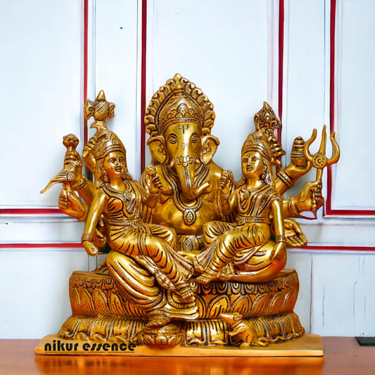 Brass Ganesh with Riddhi-Siddhi Idol , 30.5 cm Tall , Traditional Hindu Deity Sculpture for Prosperity, Wisdom, and Success - Nikuressence