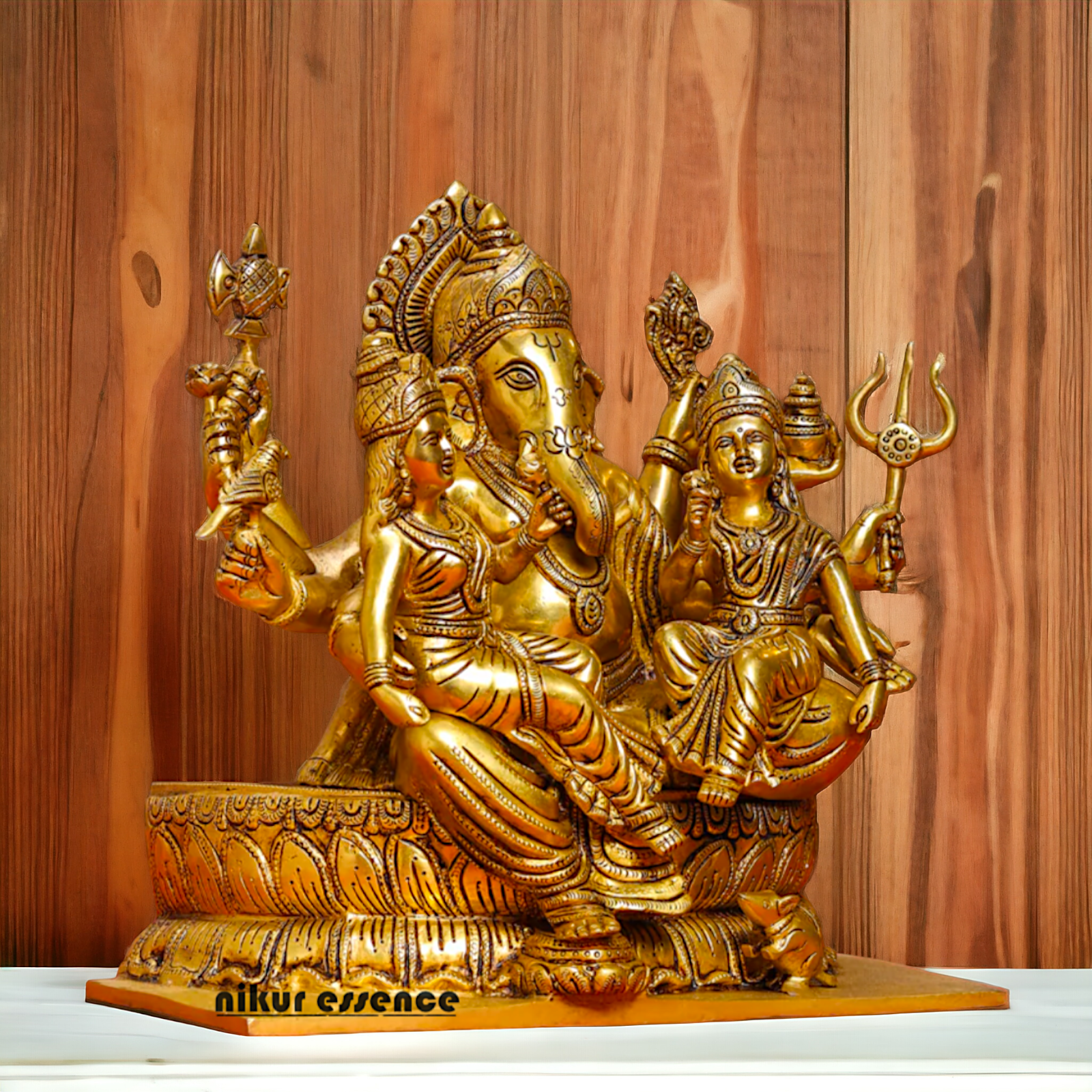 Brass Ganesh with Riddhi-Siddhi Idol , 30.5 cm Tall , Traditional Hindu Deity Sculpture for Prosperity, Wisdom, and Success Idols Nikuressence