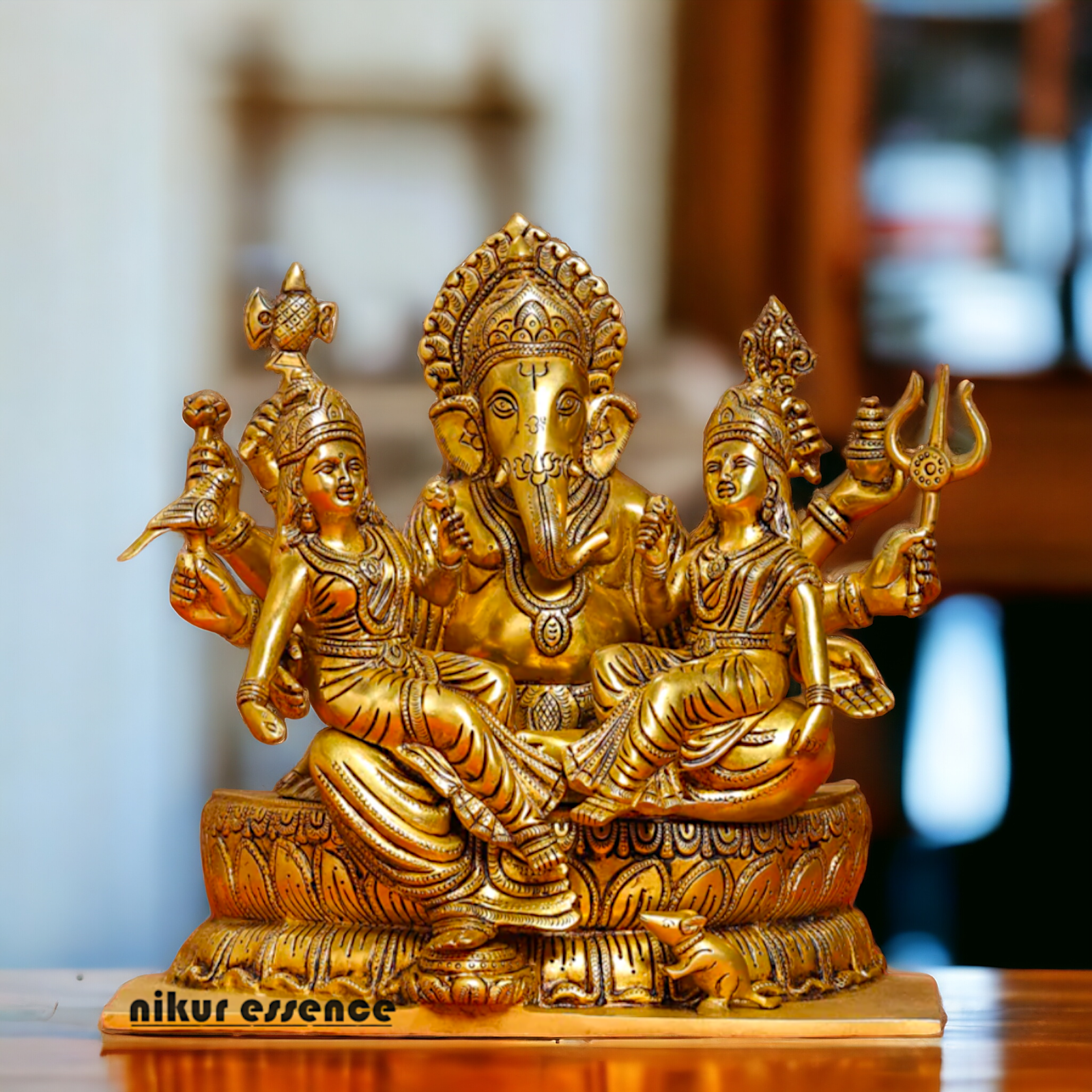 Brass Ganesh with Riddhi-Siddhi Idol , 30.5 cm Tall , Traditional Hindu Deity Sculpture for Prosperity, Wisdom, and Success Idols Nikuressence