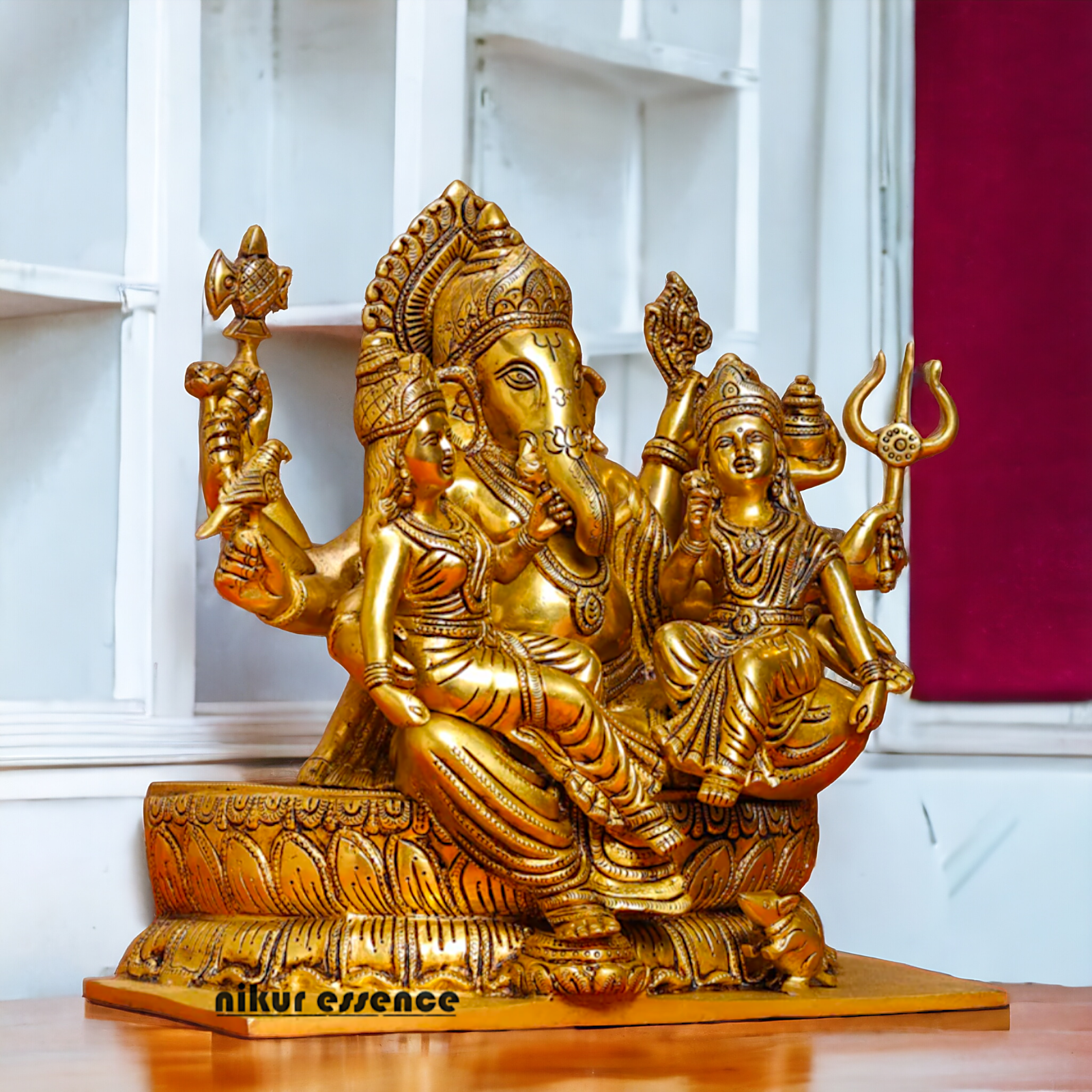 Brass Ganesh with Riddhi-Siddhi Idol , 30.5 cm Tall , Traditional Hindu Deity Sculpture for Prosperity, Wisdom, and Success Idols Nikuressence