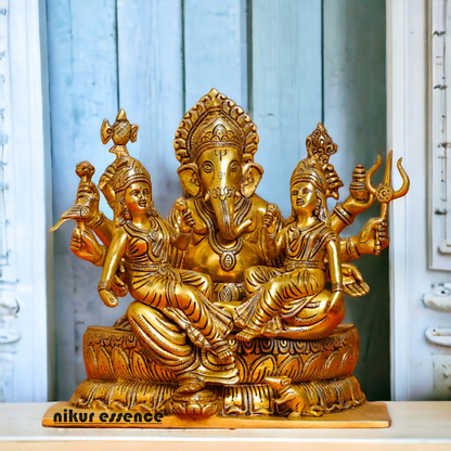 Brass Ganesh with Riddhi-Siddhi Idol , 30.5 cm Tall , Traditional Hindu Deity Sculpture for Prosperity, Wisdom, and Success Idols Nikuressence